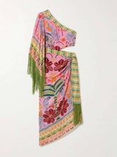 Load image into Gallery viewer, Fine Satin Art Palm Tree Floral Print Fringed Midi Dress