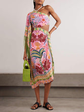 Load image into Gallery viewer, Fine Satin Art Palm Tree Floral Print Fringed Midi Dress