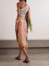 Load image into Gallery viewer, Fine Satin Art Palm Tree Floral Print Fringed Midi Dress