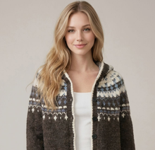 Load image into Gallery viewer, Abstract Multi-Color Intarsia Hooded Button Front Cardigan