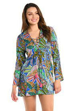 Load image into Gallery viewer, La Blanca Neon Nights Lace Up V-Neck Tunic