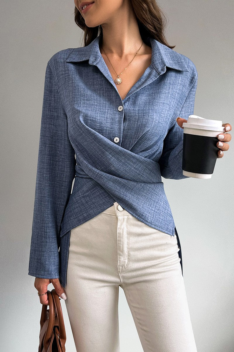 Solid Cross Button Down Fit Long Sleeves Blouse