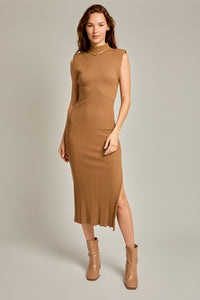 Mock Neck Power Shoulder Ribbed Slit Dress