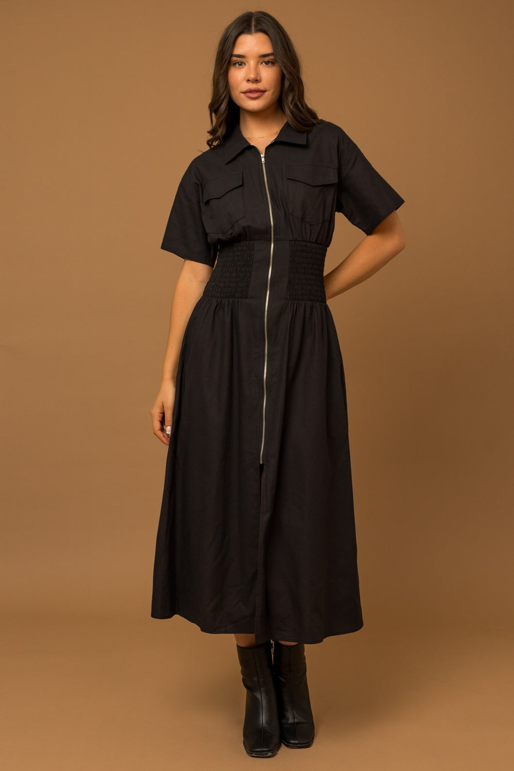 Short Sleeve Zip Up Smocked Utility Midi Dress