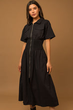 Load image into Gallery viewer, Short Sleeve Zip Up Smocked Utility Midi Dress
