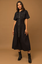 Load image into Gallery viewer, Short Sleeve Zip Up Smocked Utility Midi Dress
