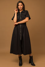 Load image into Gallery viewer, Short Sleeve Zip Up Smocked Utility Midi Dress
