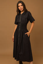 Load image into Gallery viewer, Short Sleeve Zip Up Smocked Utility Midi Dress
