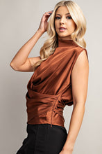 Load image into Gallery viewer, Mock Neck Sleevless Ruched Satin Top
