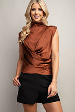 Load image into Gallery viewer, Mock Neck Sleevless Ruched Satin Top
