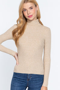 Turtle Neck Fitted Viscose Rib Sweater Top