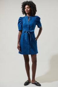 Jamie Denim Puff Sleeve Belted Mini Dress