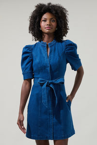 Jamie Denim Puff Sleeve Belted Mini Dress