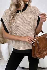 Beige Contrast Batwing Sleeve Sweater Top