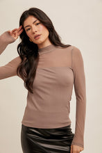 Load image into Gallery viewer, Mesh Contrast Mock Neck Ribbed Long Sleeve Top
