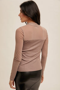 Mesh Contrast Mock Neck Ribbed Long Sleeve Top