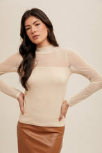 Load image into Gallery viewer, Mesh Contrast Mock Neck Ribbed Long Sleeve Top
