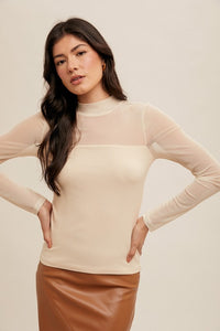 Mesh Contrast Mock Neck Ribbed Long Sleeve Top