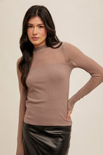 Load image into Gallery viewer, Mesh Contrast Mock Neck Ribbed Long Sleeve Top
