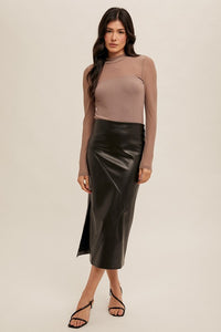 Faux Leather Midi Skirt With Slit