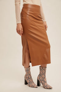 Faux Leather Midi Skirt With Slit