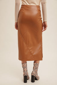 Faux Leather Midi Skirt With Slit