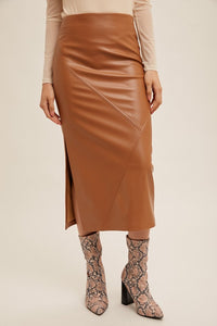 Faux Leather Midi Skirt With Slit