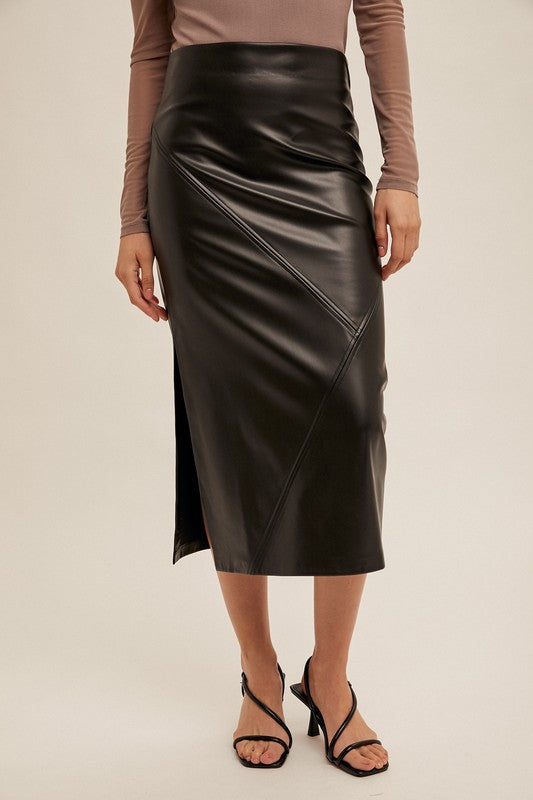 Faux Leather Midi Skirt With Slit