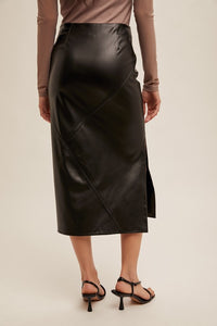 Faux Leather Midi Skirt With Slit