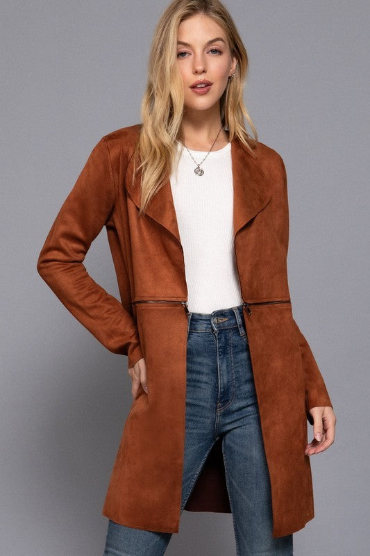 Long Sleeve Faux Suede Long Jacket