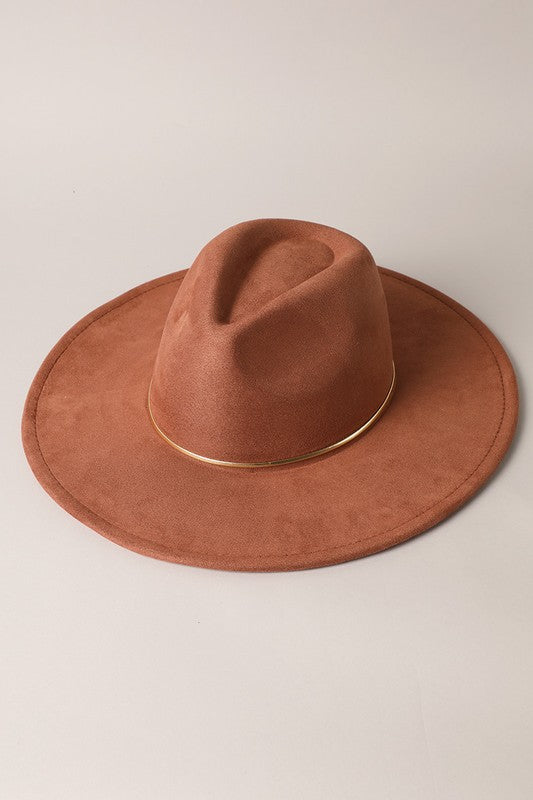 Gold Belt Wide Flat Brim Suede Fedora Hat