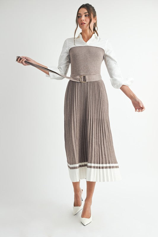 Pleated Sweater Shirt Midi Dress