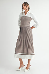 Pleated Sweater Shirt Midi Dress