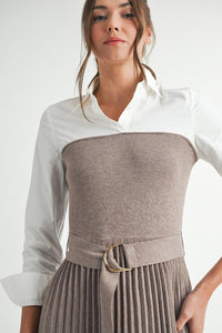 Pleated Sweater Shirt Midi Dress