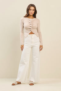 Button Pleated Split Knit Top