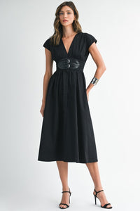 V-neck Midi Dress With Leather Corset Belt