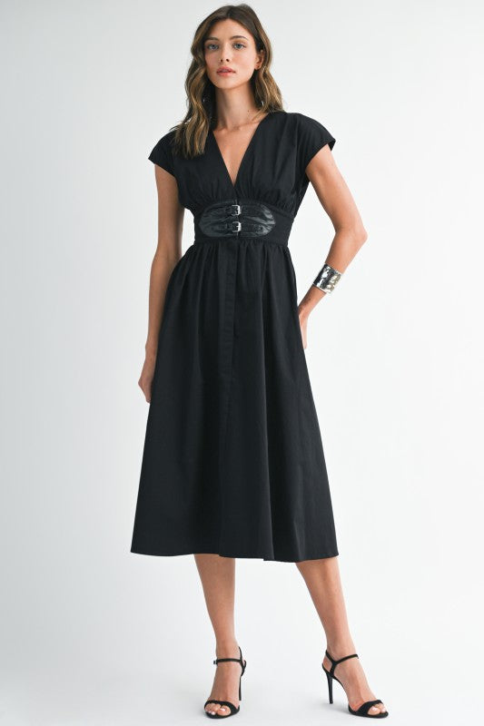 V-neck Midi Dress With Leather Corset Belt