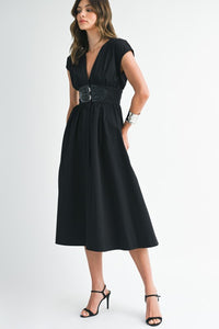 V-neck Midi Dress With Leather Corset Belt