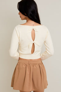 Boat Neck Back Tie Detail Fitted Sweater Top
