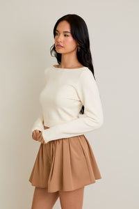 Boat Neck Back Tie Detail Fitted Sweater Top