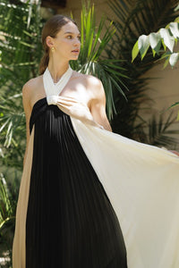 Three-Tone Pleated Backless Maxi Dress