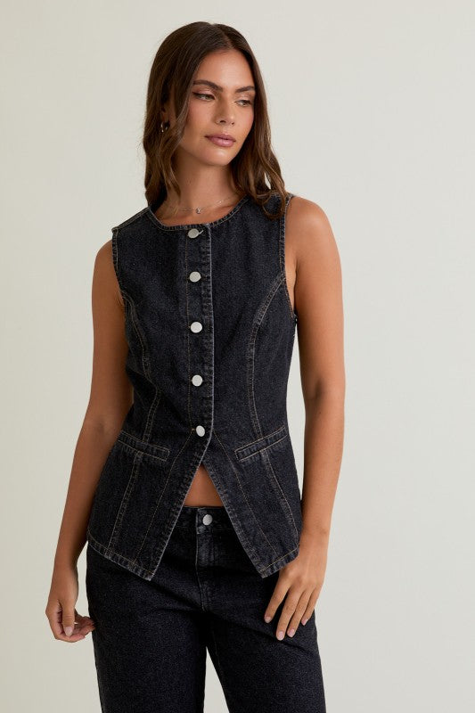 Button Front Sleeveless Denim Top