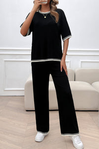Two Piece Short Sleeve Wide Leg Pant Sweater Set