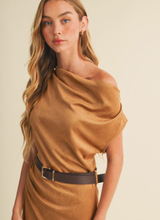 Load image into Gallery viewer, Sueded Knit Asymmetric Cowl Dress
