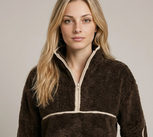 Load image into Gallery viewer, Faux Fur Front Half Zip Up Leather Trim Pullover Top
