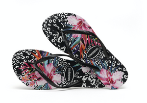 Slim Animal Floral Flip Flops Black