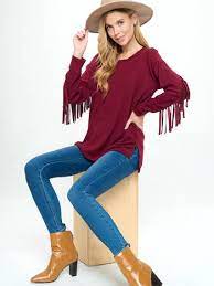 Vision Apparel Fringed Side Slit Long Sleeve Tunic Sweater