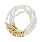 White Rubber and Gold Beaded Set of 5 Stretch Bracelets